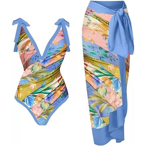 Women's Retro Floral One Piece Swimsuit & Beach Cover Up Sarong Set